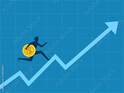 Plan to invest. Businessman holding a coin running up on a growing graph