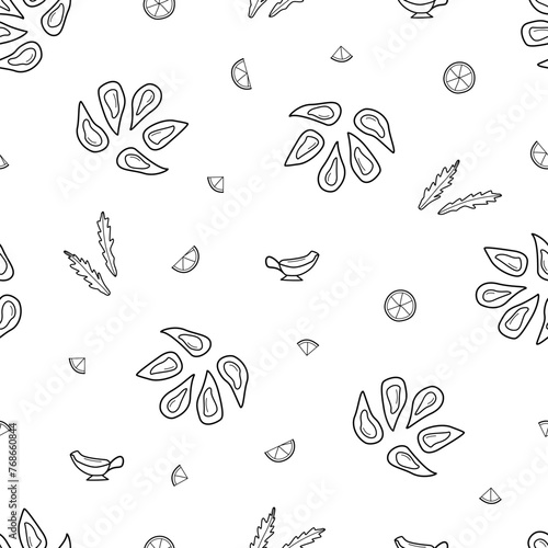 Seamless pattern of mussels, lemon and sauce doodle icon. Vector illustration seafood background, open mussel shells.