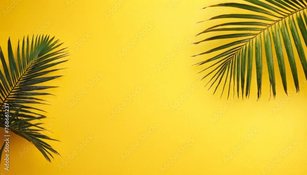 Colorful summer background with copy space. Bright yellow illustration of tropical palm branch