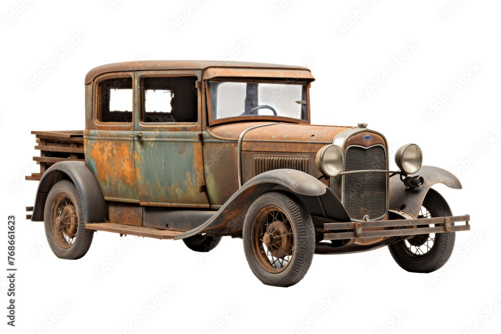 The Relic of Time: A Vintage Rusted Car on White. On a White or Clear Surface PNG Transparent Background.