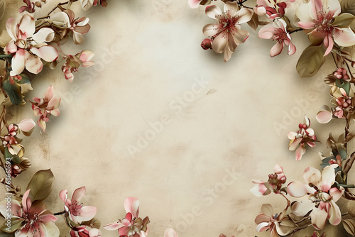 Vintage floral border with almond blossoms on textured background.