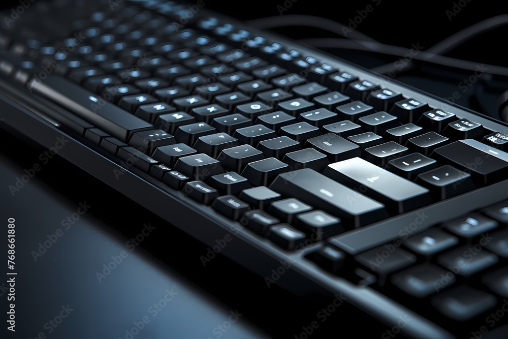 A close-up shot of a computer keyboard on a sleek desk, the high-definition image highlighting the details and design elements of the setup.