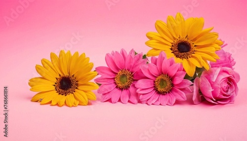 decoration concept made from flowers on pink pastel background.