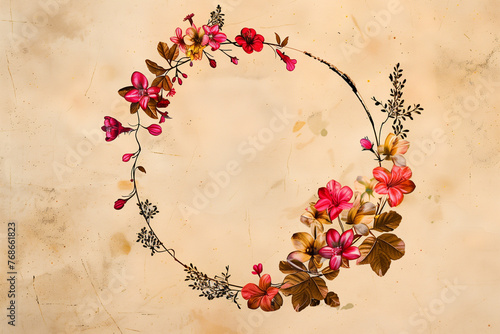 Overhead view of a floral wreath on a vintage beige backdrop.