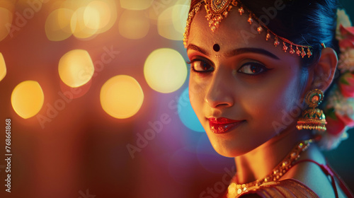 Beautiful indian woman in traditional costume with bokeh background. AI.