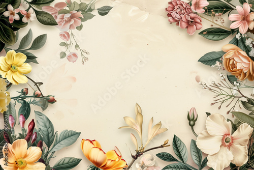 Top view of a vintage floral frame with copy space, ideal for wedding invitations.