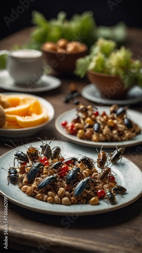 Insects, beetles and larvae as food on served plates. Concept Hunger and food of the 21st century.