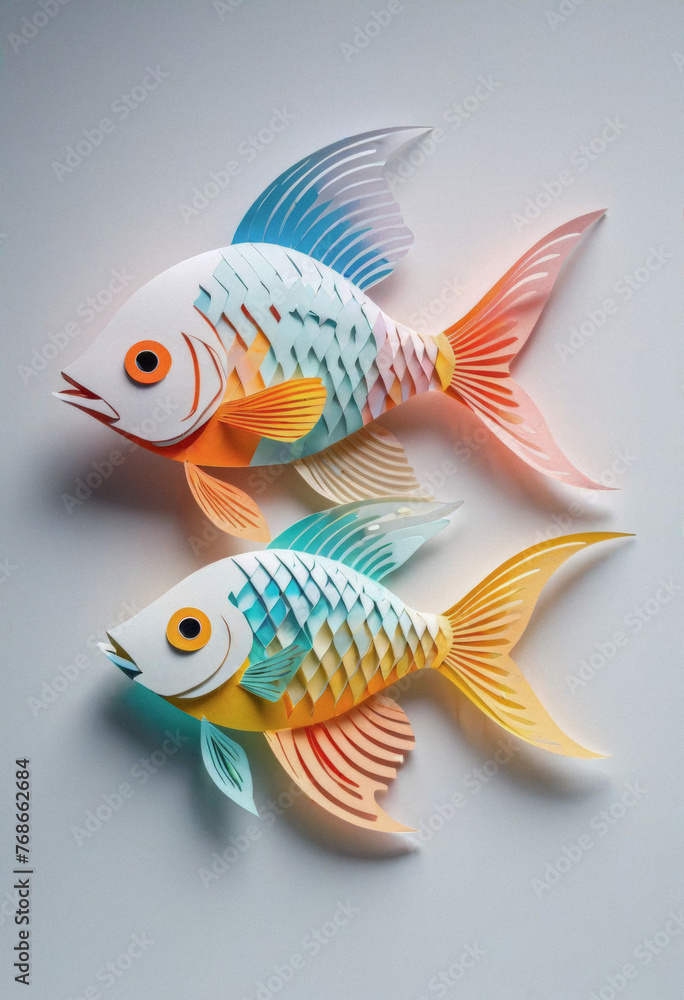 Amazing beautiful fish cut out of paper, simple background, kirigami style Amazing beautiful fish cut out of paper, simple background, kirigami style