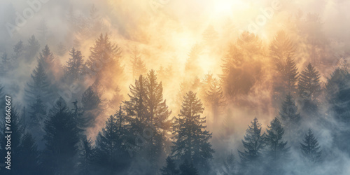 A scenic view of a misty forest at sunrise with warm golden light filtering through the trees and illuminating the fog photo