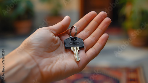 Hand presenting car keys with remote control, vehicle purchase and ownership concept with blurred dealership background