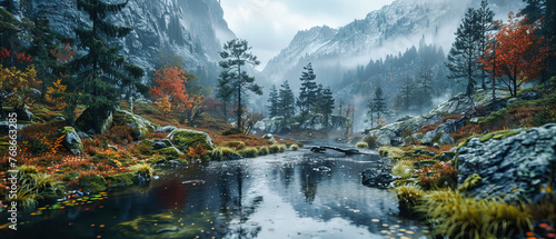 Autumn Mountain Reflection: Majestic Scenery with Colorful Foliage and Misty Lakes, A Hiker Dream