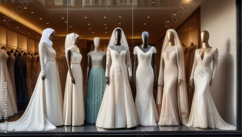 A window display of wedding dresses with a variety of styles and colors. The dresses are arranged in a row, with some of them being long and others being shorter. Nikah. Muslim wedding