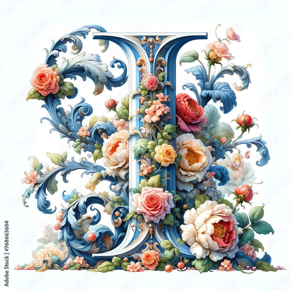 Ornate Watercolor Painting Letter 'I' with a Baroque Style Design