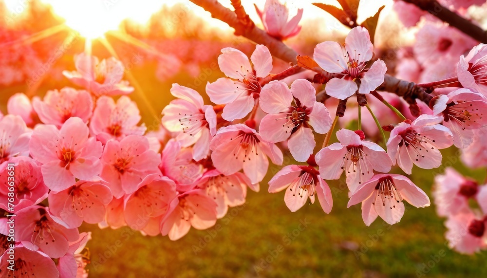 Pink cherry tree blossom flowers blooming in spring Easter sunrise for a Mothers Day background.
