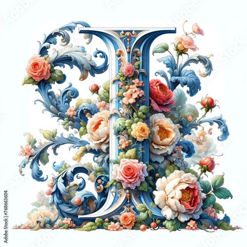 Ornate Watercolor Painting Letter  I  with a Baroque Style Design