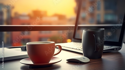 A close-up of a computer mouse and a cup of espresso on a pristine desk, with a hint of morning light streaming in.