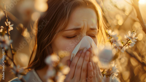  woman with hands holding a handkerchief near her nose is going to sneeze on the background of blooming trees