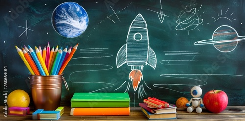 Student Artists Rocket Drawing on Green Chalkboard Showcasing Space Exploration and Creativity in School Environment