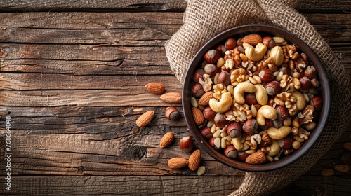 a wooden bowl filled with a colorful assortment of mixed nuts, providing ample copy space for text, perfect for promoting healthy snacking.