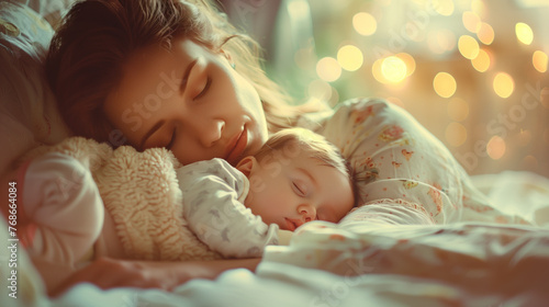 Tender moments as a young mother sleeps peacefully with her newborn.