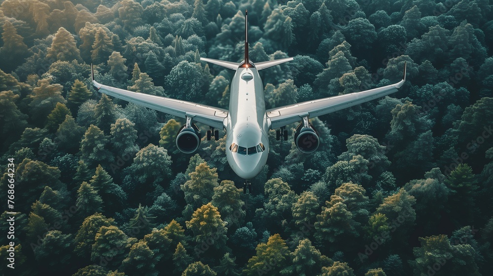 Fototapeta premium Airplane flying over the green forest