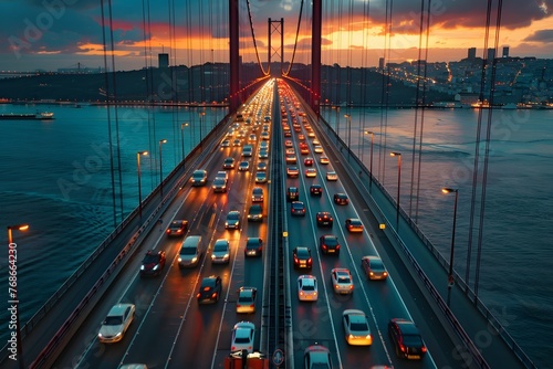 Traffic Jam on Istanbuls Bosphorus Bridge During Golden Hour A Captivating Cityscape Perspective photo