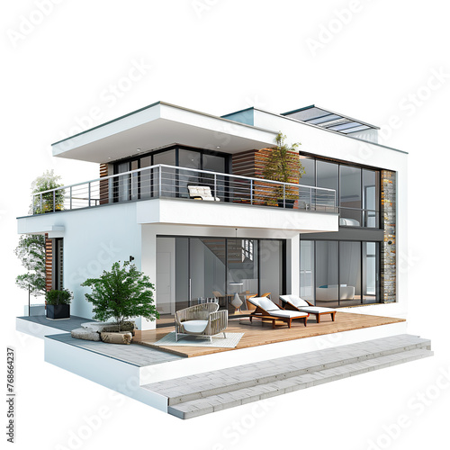 Modern two-story style house, luxurious but simple, isolated on transparent background  