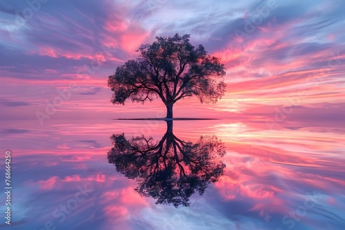 Tranquil Tree Reflection at Sunset Majestic Sky Casts Pink Hues on Serene Waters photo