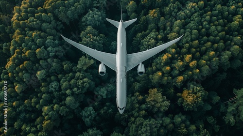 Airplane flying over the green forest