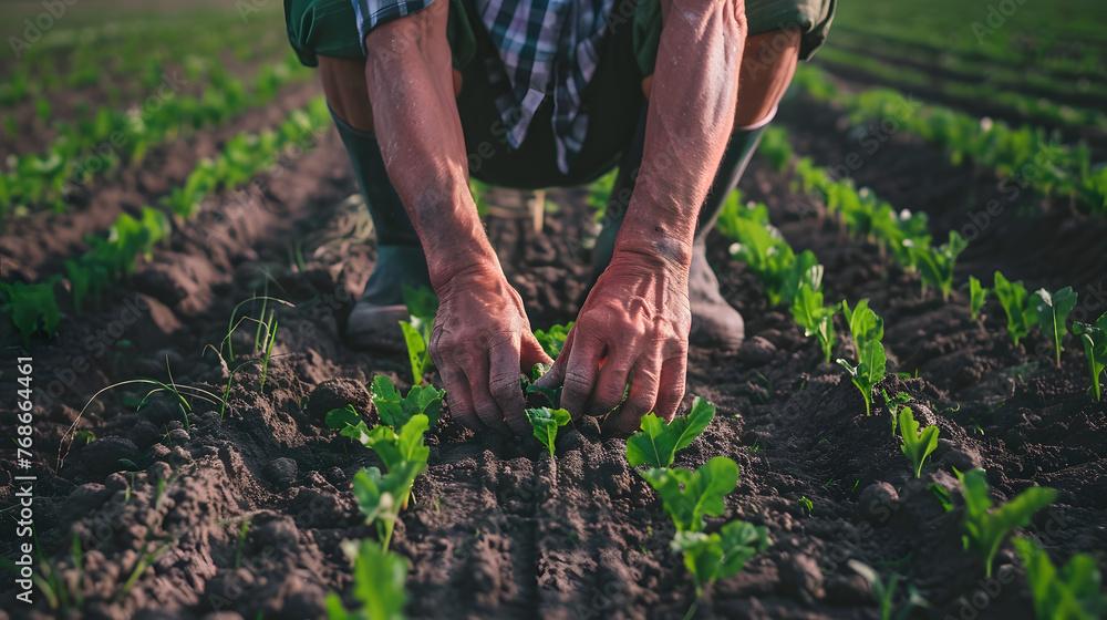 Fototapeta premium an elderly man plants a seedling ecology concept, outdoor hobby, senior gardening
