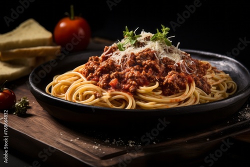 Refined spaghetti bolognese on a wooden board against a black slate background
