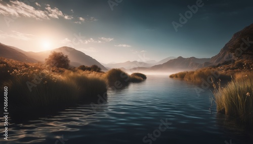 A breathtaking view of a tranquil lake surrounded by mountains, with the golden sunrise peaking above the peaks, casting a warm glow on the reeds. © video rost