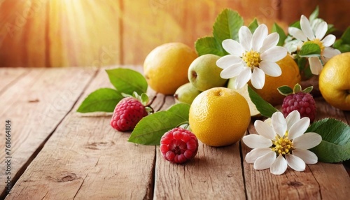 Wallpaper Mural spring background. fruit flowers on wooden table Torontodigital.ca