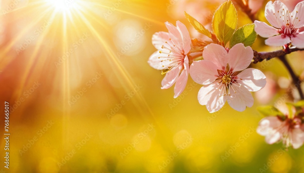 Spring blossom over blurred nature background with sunshine, banner. Retro toned