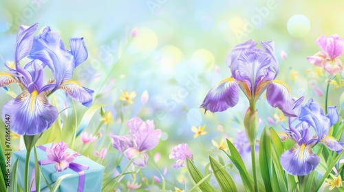 Festive spring pastel greeting card, large cultivated flowers of bearded irises purple, violet on blurred green natural background. Birthday, March 8, Women's Day, Easter, mothers day. Copy space.