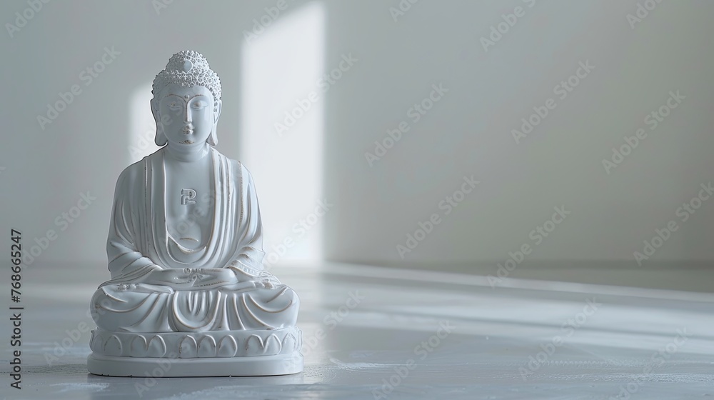 White Buddha with sunrays on white background, copy space White Buddha with sunrays on white background, copy space