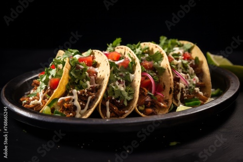 Delicious tacos on a rustic plate against a black slate background