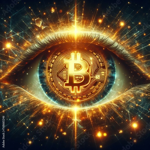 A human eye, electrified with Bitcoin imagery, captures the currency's powerful presence in the digital realm. Sparks and energy flows symbolize the lively nature of crypto trading. AI generation