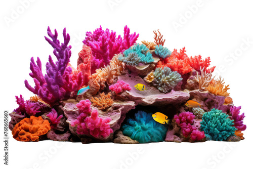 Symphony of Life  Vibrant Coral Reef Teeming With Fish and Corals. On a White or Clear Surface PNG Transparent Background.