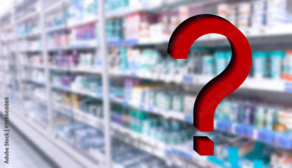 Large red 3d question mark on blur image of supermarket background ...