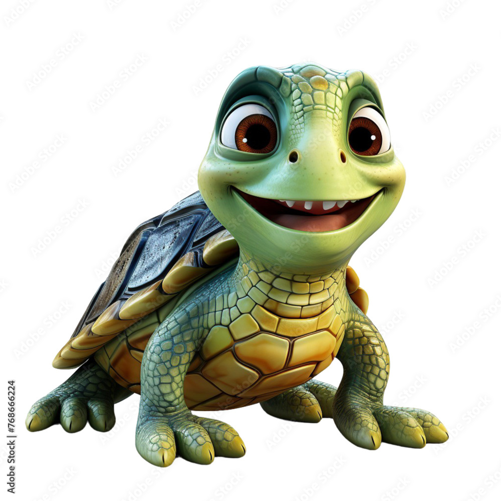 Fototapeta premium Cute 3D design turtle cartoon character with smiling facial expression isolated on transparent background, generative ai