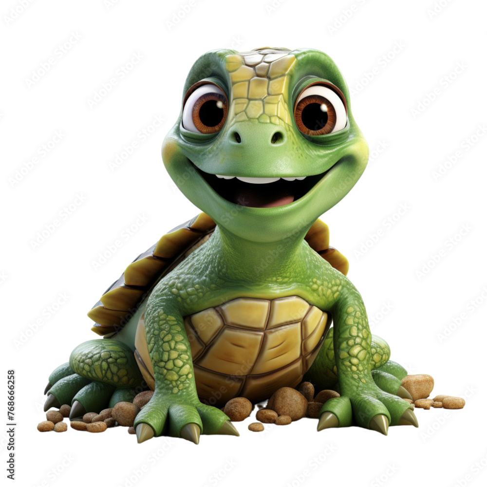 Fototapeta premium Cute 3D design turtle cartoon character with smiling facial expression isolated on transparent background, generative ai
