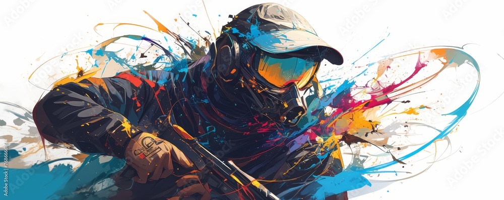 Create an epic artwork of paintball player with splashes, colorful powder and black background - obrazy, fototapety, plakaty 