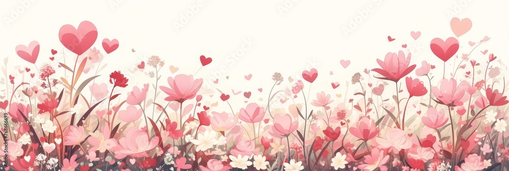 Cute pink and red heart-shaped flowers, a romantic background design for Valentine's Day, with pastel colors, a vector illustration. 