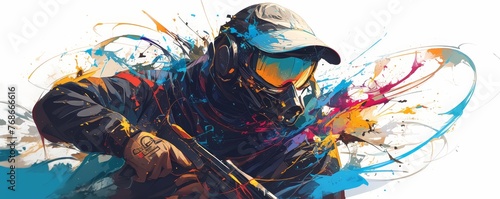 Create an epic artwork of paintball player with splashes, colorful powder and black background