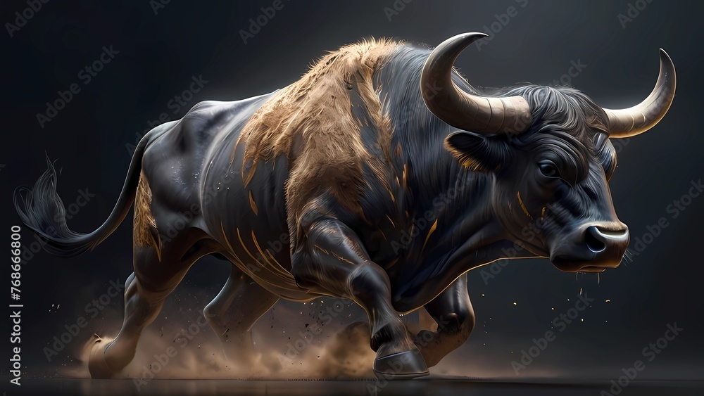 A fiercely raging bull, his muscles rippling beneath his shimmering coat. - obrazy, fototapety, plakaty 