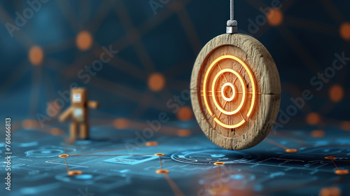 Wooden figure aiming at a target on digital wheel, concept for goal setting and achievement photo