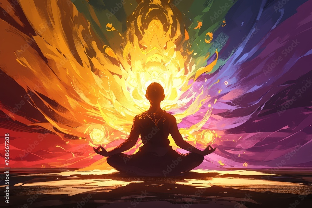 Human figure meditating, surrounded in the style of glowing chakras