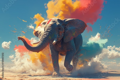 E/client creating colorful powder paint explosion with elephant