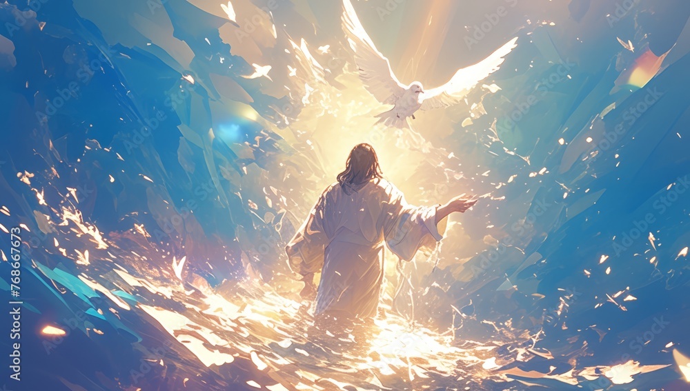 Jesus standing in water with his arms outstretched, dove flying above him